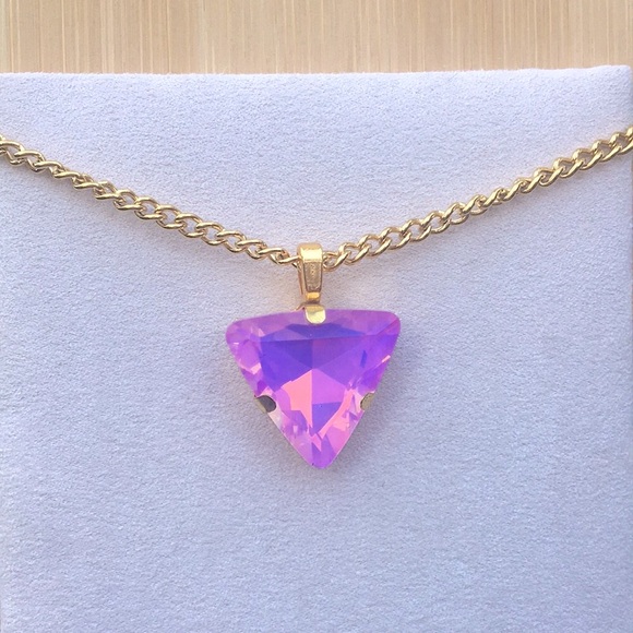 Pink-Purple Aurora Borealis + Gold Triangle Crystal Drop Pendant Boho Necklace - Picture 8 of 11